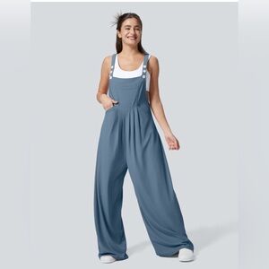 HALARA Adjustable Strap Button Pocket Waffle Knit Casual Wide Leg Overalls